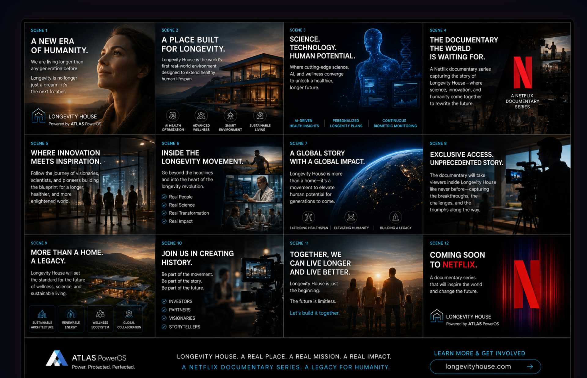Longevity House social media campaign storyboard — 12 scenes from A New Era of Humanity to Coming Soon to Netflix